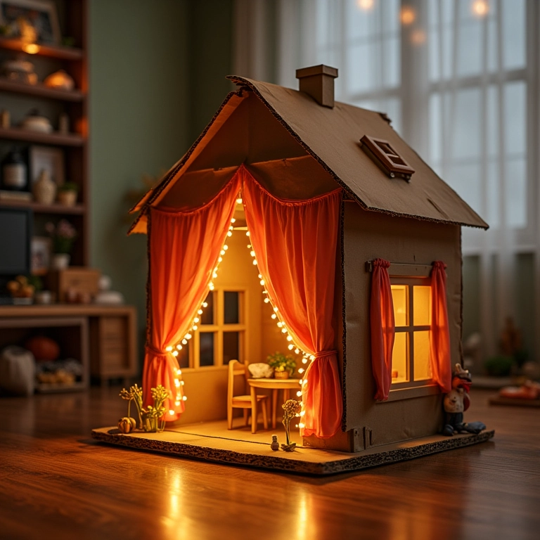Casinha de papelão decorada com luzes, cortinas e detalhes criativos.
