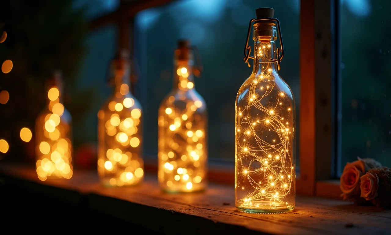 Cena noturna mágica com garrafas de vidro cheias de luzes pisca-pisca, criando um brilho encantador.