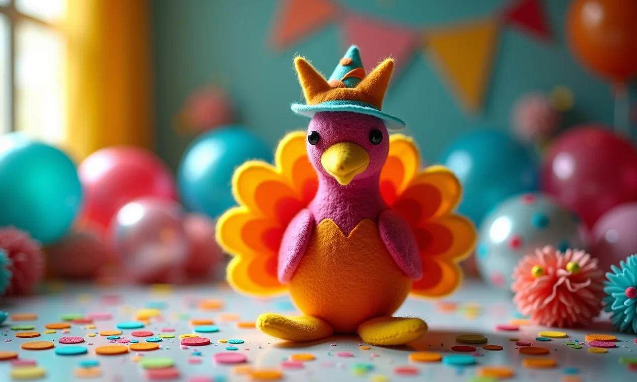 Centro de mesa da Galinha Pintadinha decorando uma mesa de festa infantil com balões e confetes.