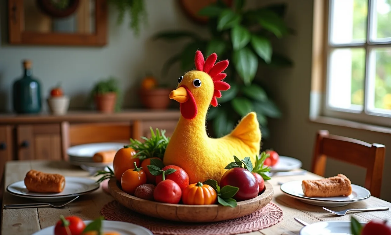 Centro de mesa da Galinha Pintadinha em mesa de jantar decorada com tema de fazenda.