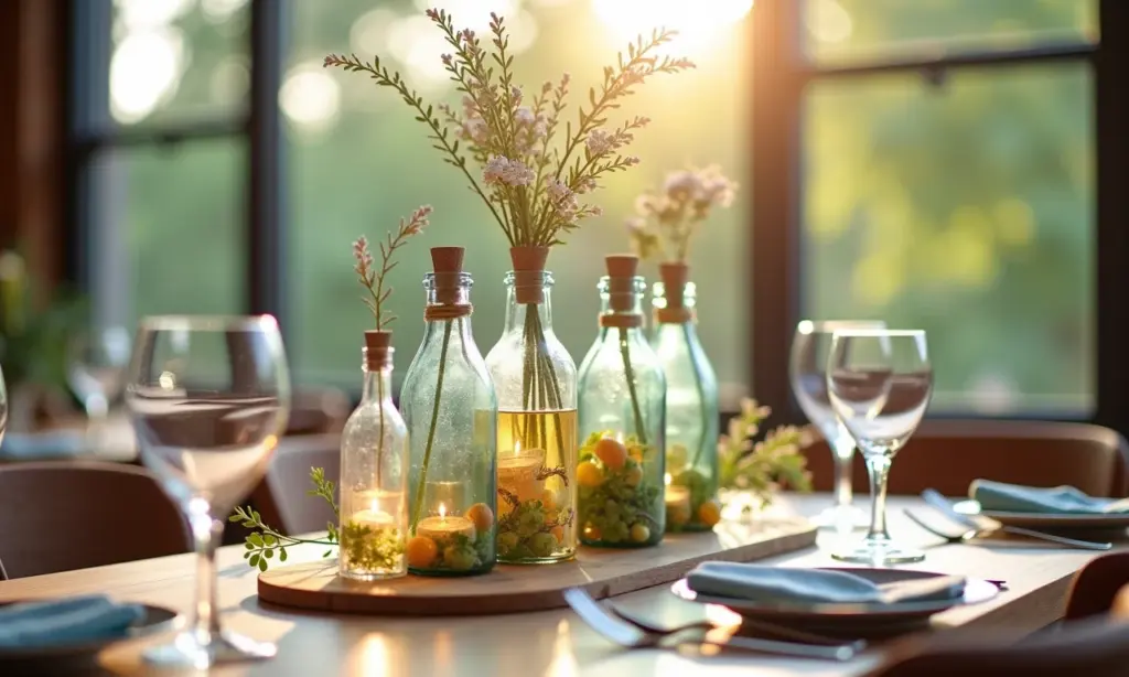 Centro de mesa de aniversário com garrafas decoradas em estilo Farm Rio.