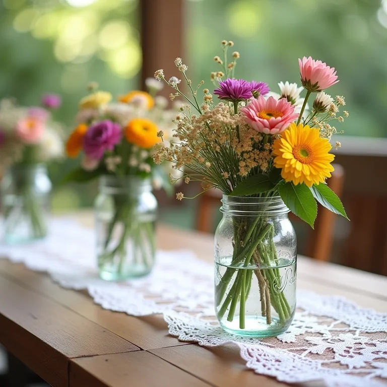 Centro de mesa DIY com flores do campo em potes de vidro