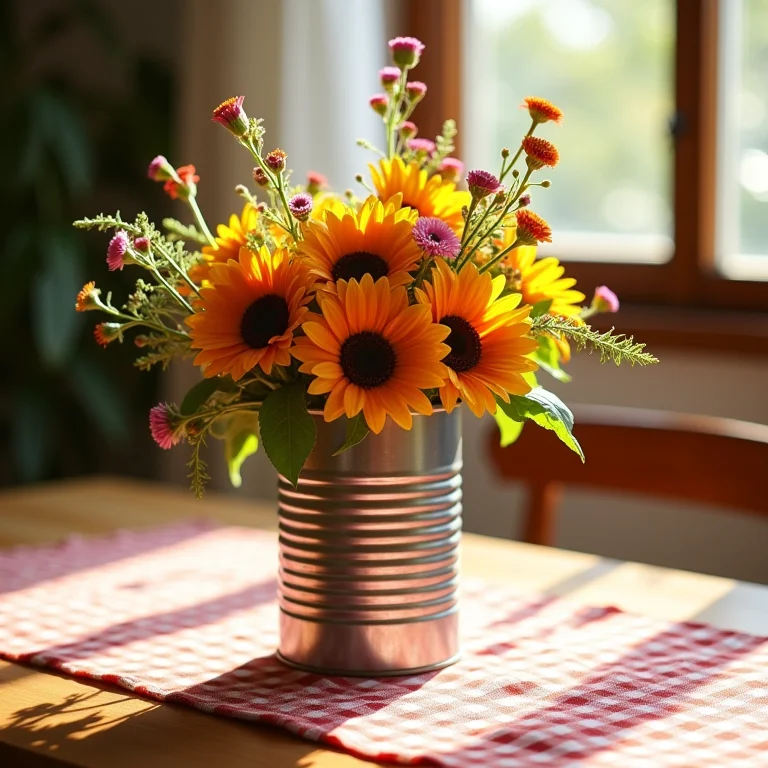 Centro de mesa feito com lata de leite decorada