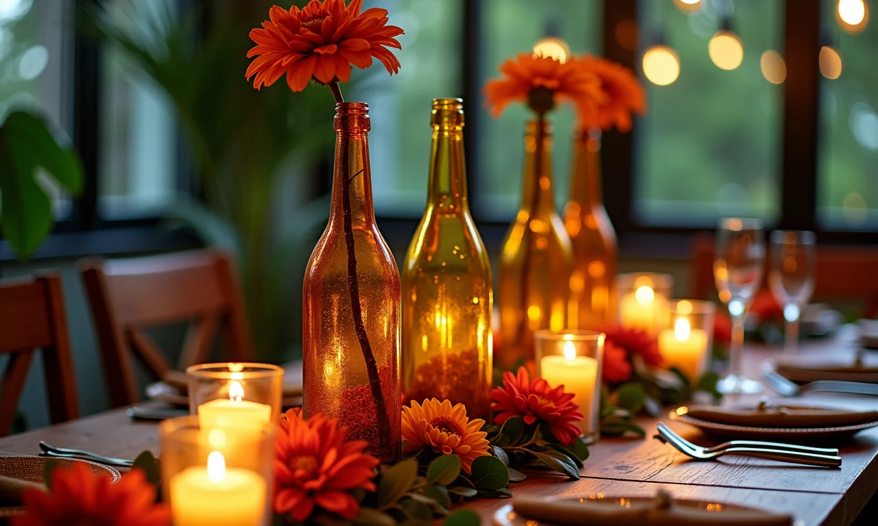 Centro de mesa festivo com garrafas decoradas.