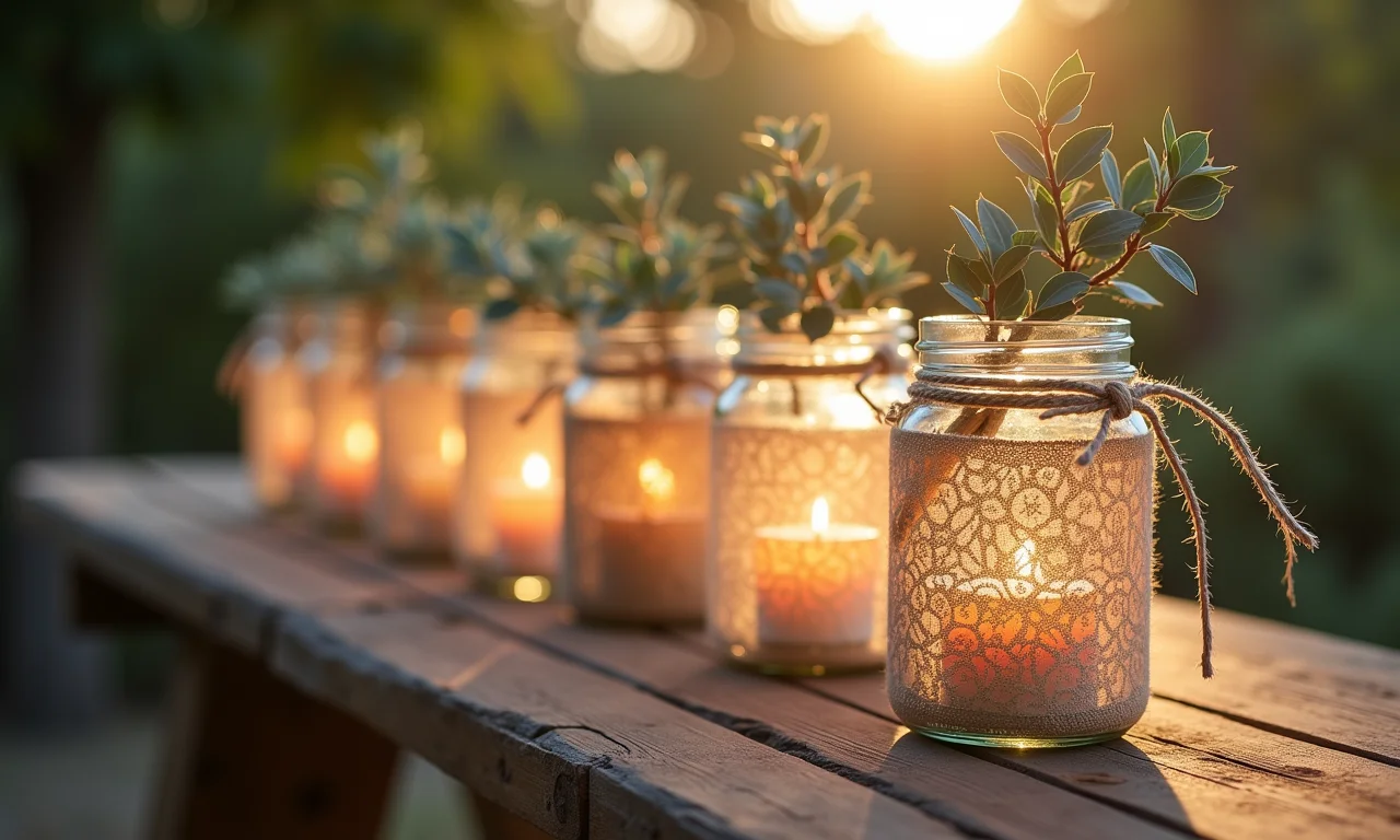 Centros de mesa feitos de potes de vidro reciclados com renda e velas