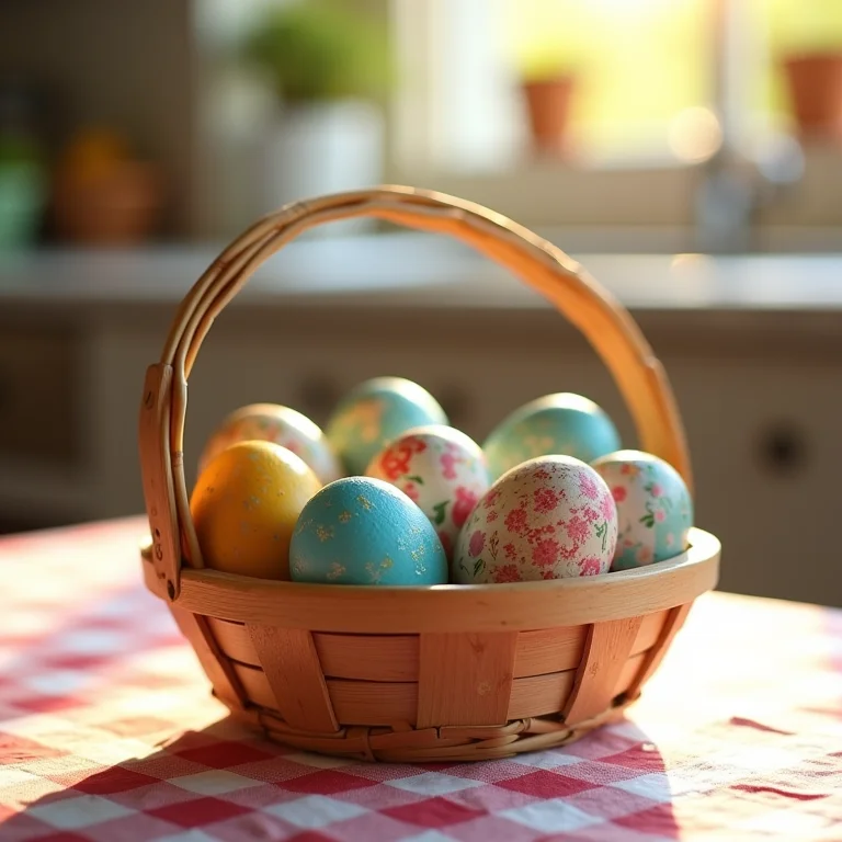 Cesta de madeira com ovos de Páscoa artesanais decorados