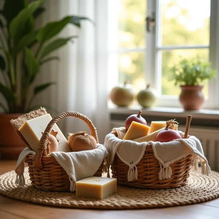 Cestas de presente personalizadas com itens artesanais em tapete de juta