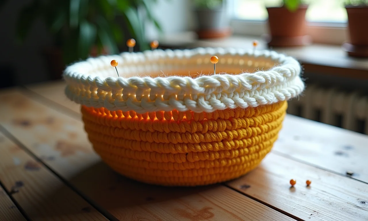 Cesto de crochê sendo blocada para melhor forma.