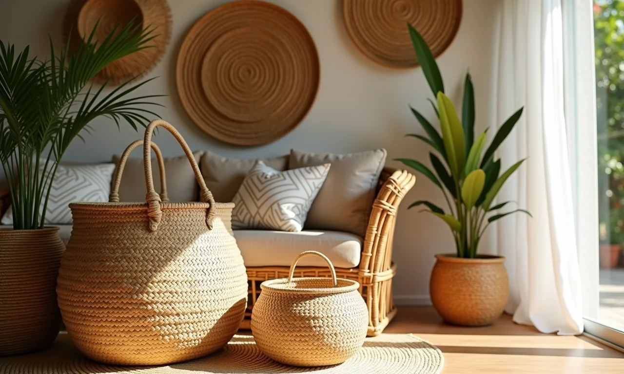 Cestos de palha e fibras naturais em uma casa brasileira ensolarada.