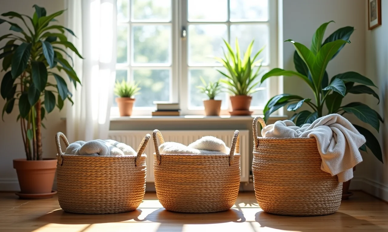 Cestos organizadores multiuso em um ambiente vibrante com design brasileiro.