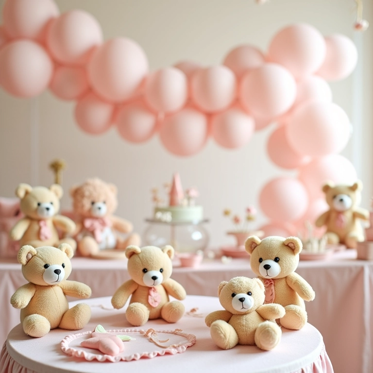 Chá de bebê com tema de ursinhos clássico e atemporal em tons pastel.