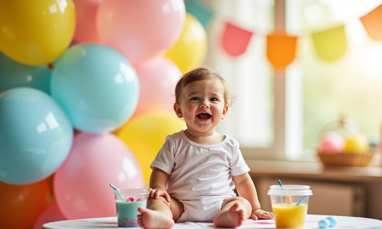 Chá de fraldas com tema balões, decoração colorida e festiva.