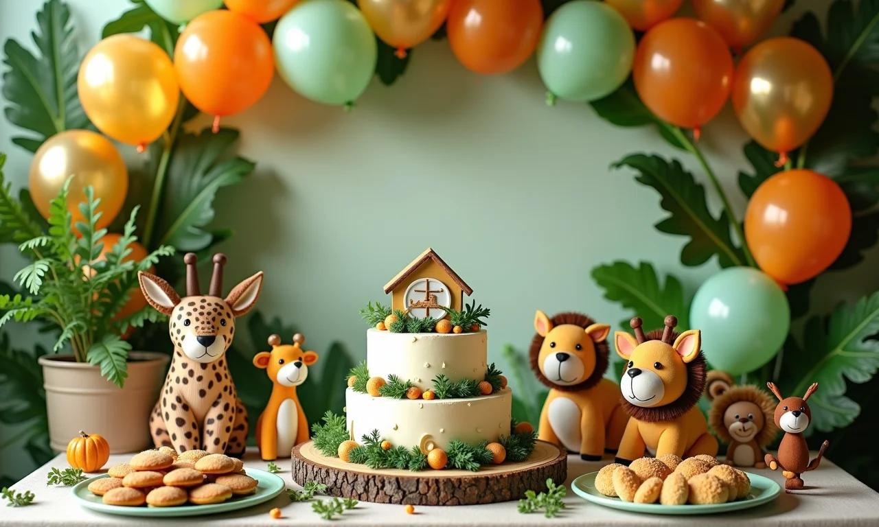 Chá de fraldas com tema safari, decoração vibrante com animais.