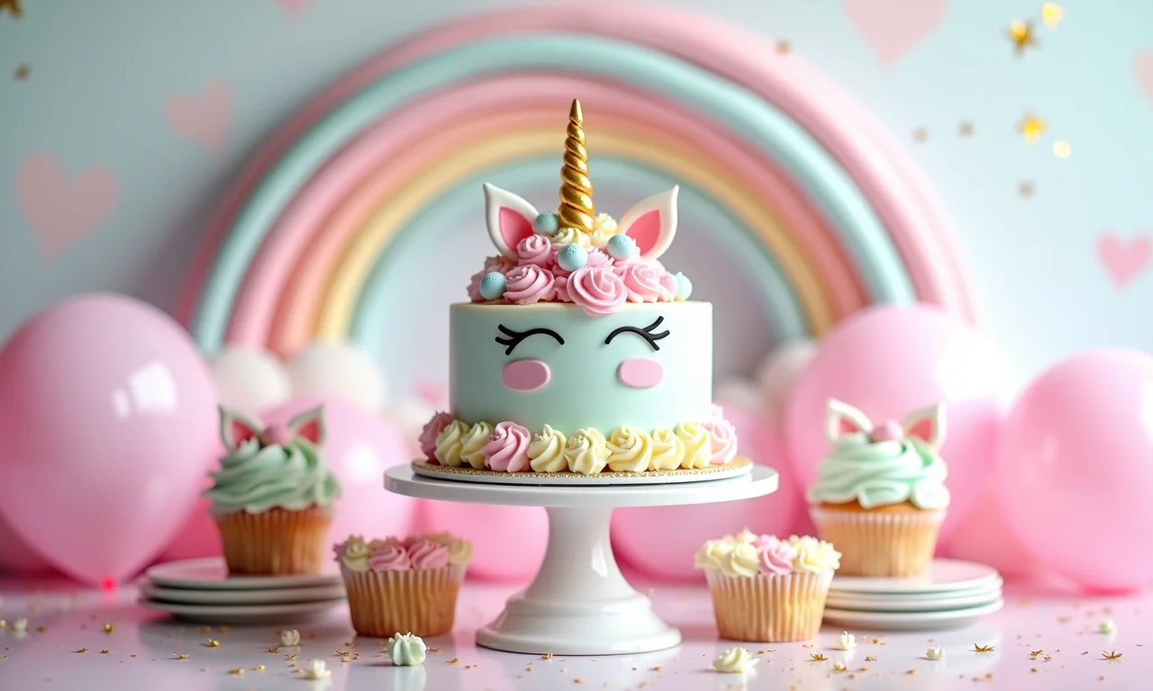 Chá de fraldas com tema unicórnios, cores pastel e detalhes brilhantes.