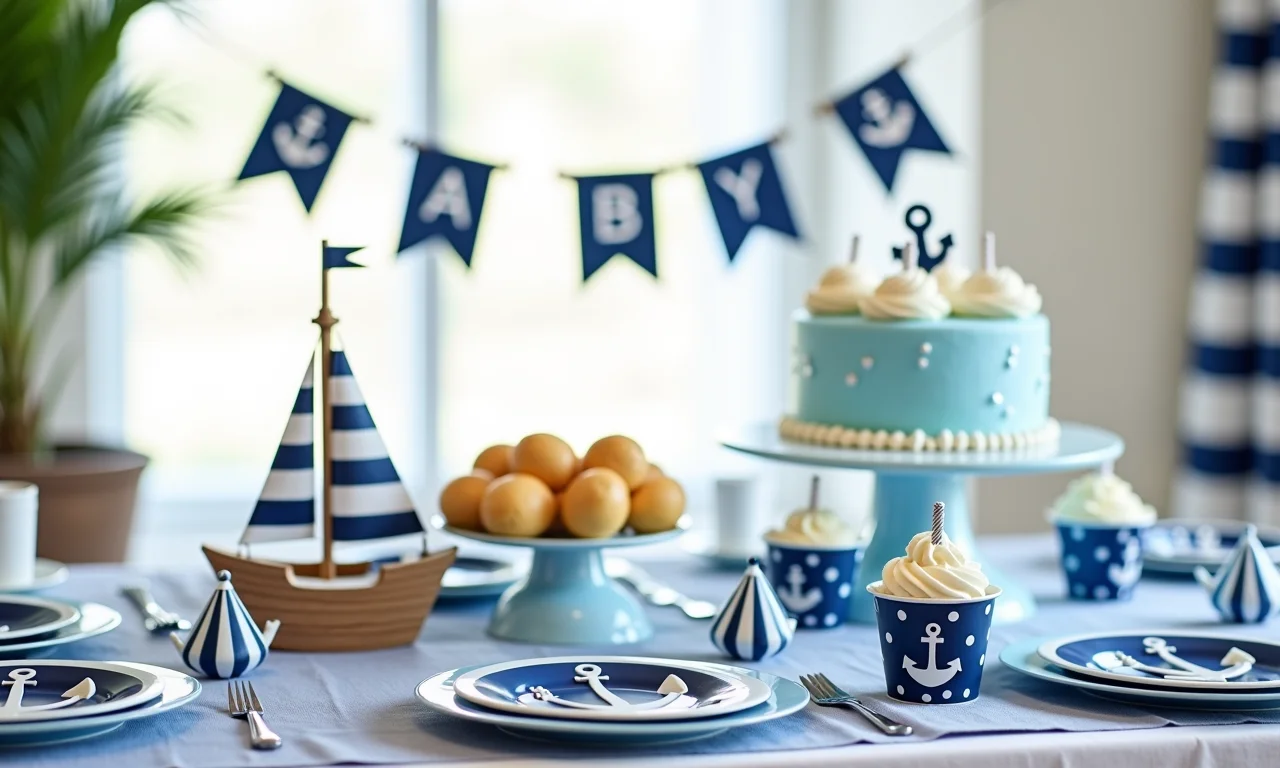 Chá de fraldas tema marinheiro, listras azuis e brancas, âncoras.