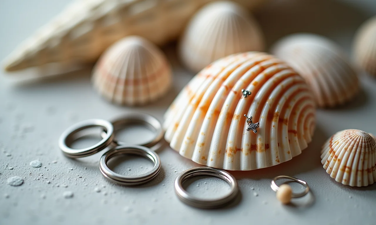 Chaveiros de concha com argolas de prata e texturas naturais.