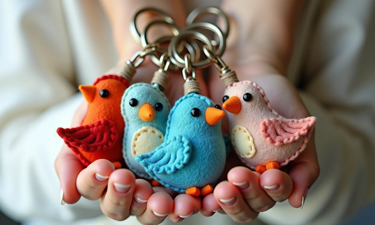 Chaveiros de feltro personalizados com tema de passarinho.