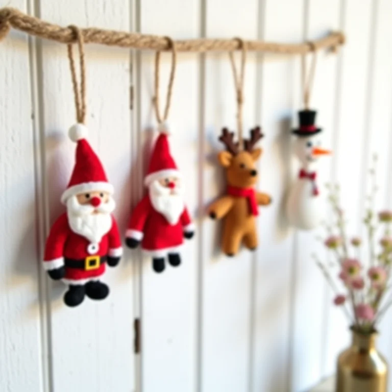 Chaveiros de feltro temáticos de Natal pendurados em barbante