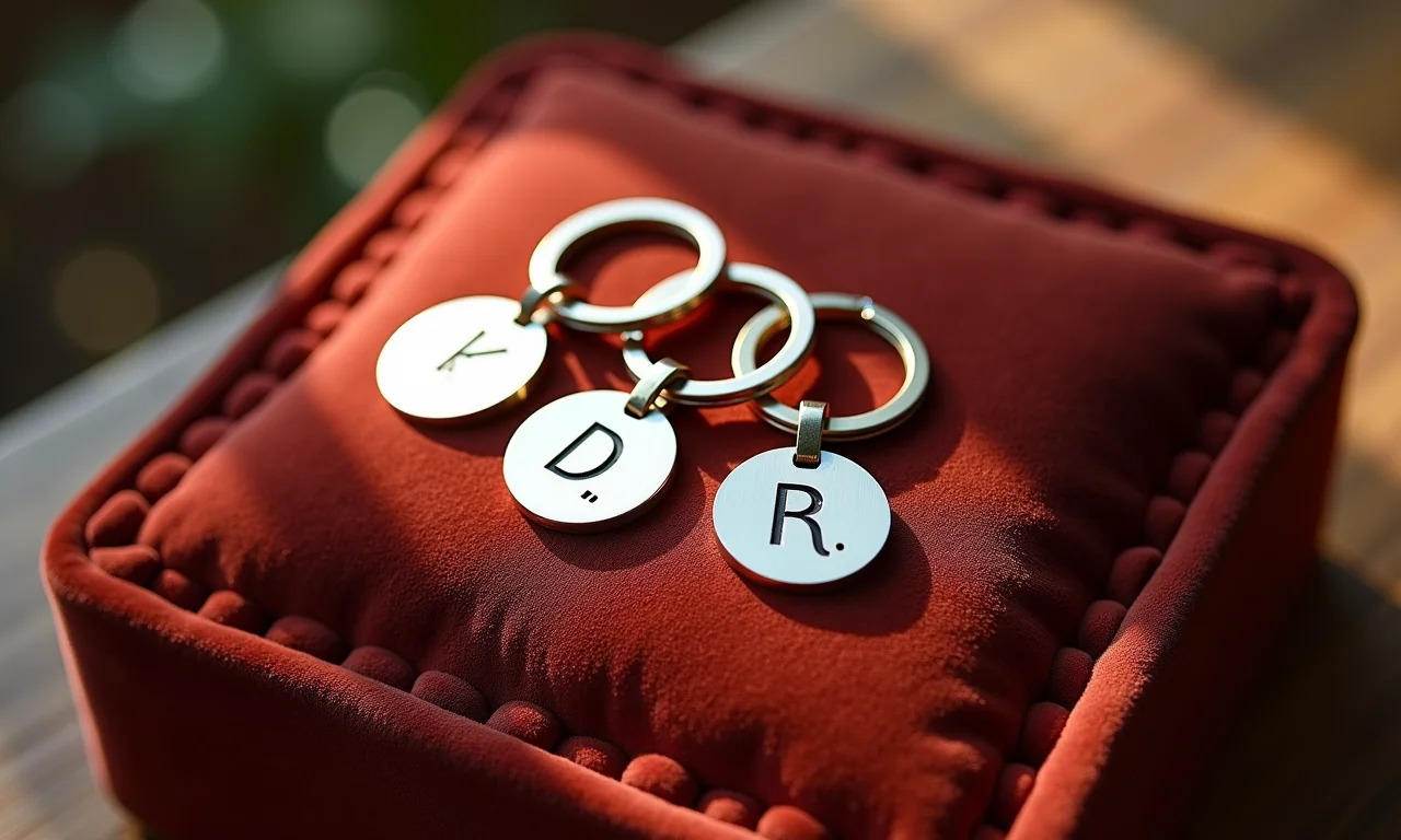 Chaveiros personalizados com as iniciais dos noivos.