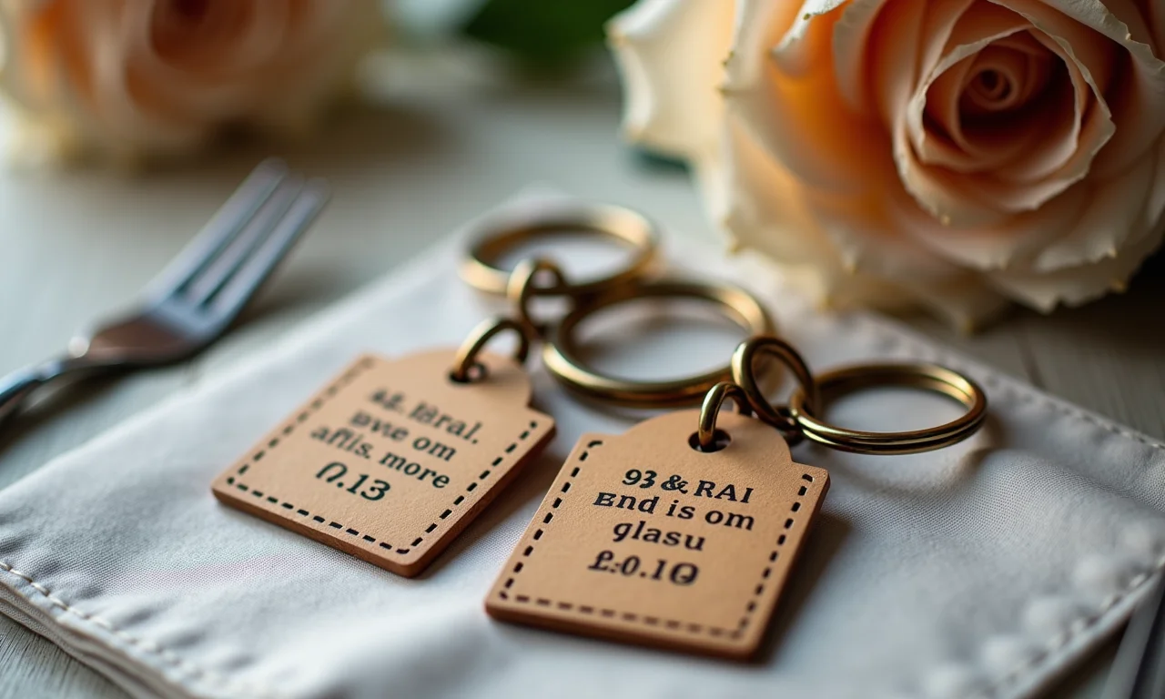 Chaveiros personalizados com detalhes do casamento como lembrancinhas.