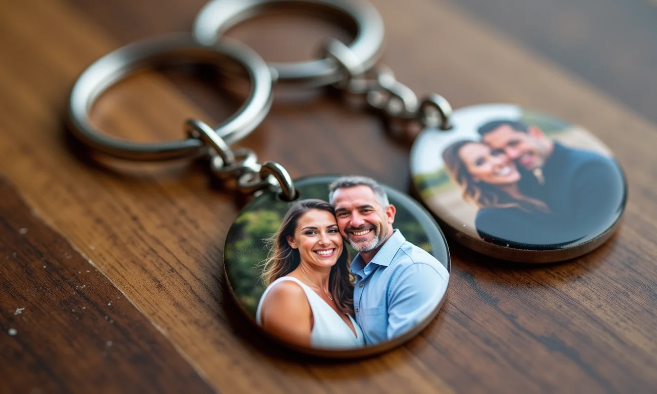 Chaveiros personalizados com foto do casal como lembrancinha de 25 anos de casamento.