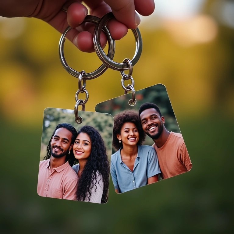 Chaveiros personalizados com fotos como lembrancinhas de casamento.