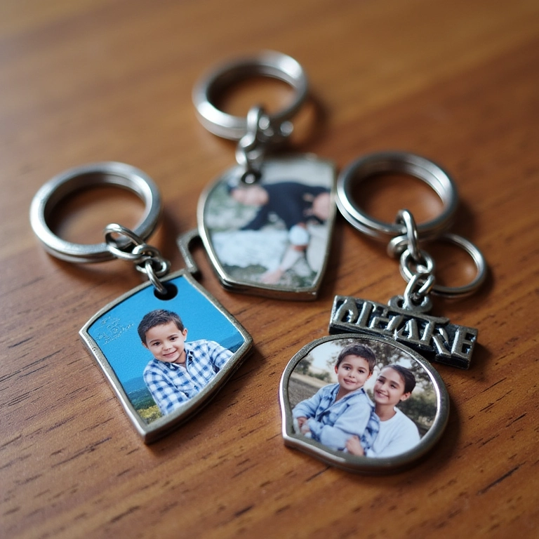 Chaveiros personalizados com fotos e mensagens.