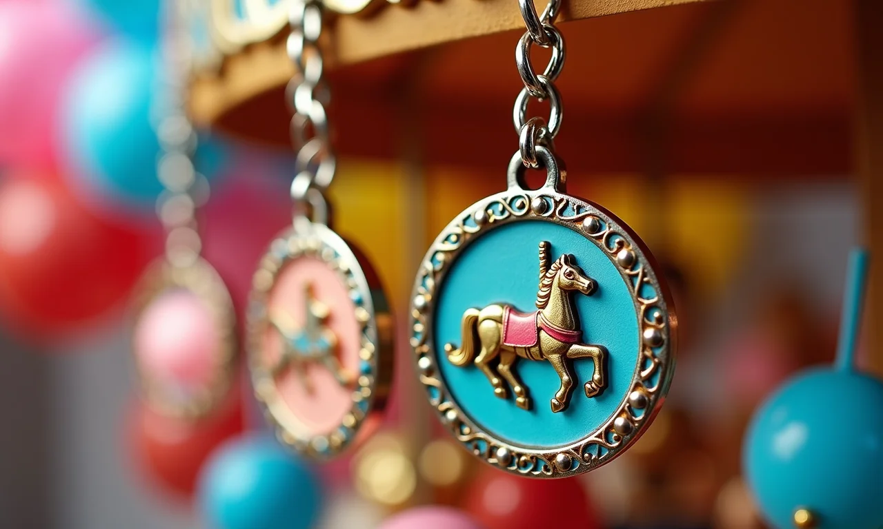 Chaveiros personalizados com tema carrossel, cores vibrantes e detalhes gravados.