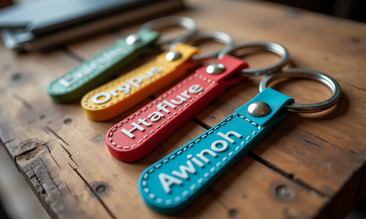Chaveiros personalizados de EVA dispostos em uma mesa rústica de madeira.