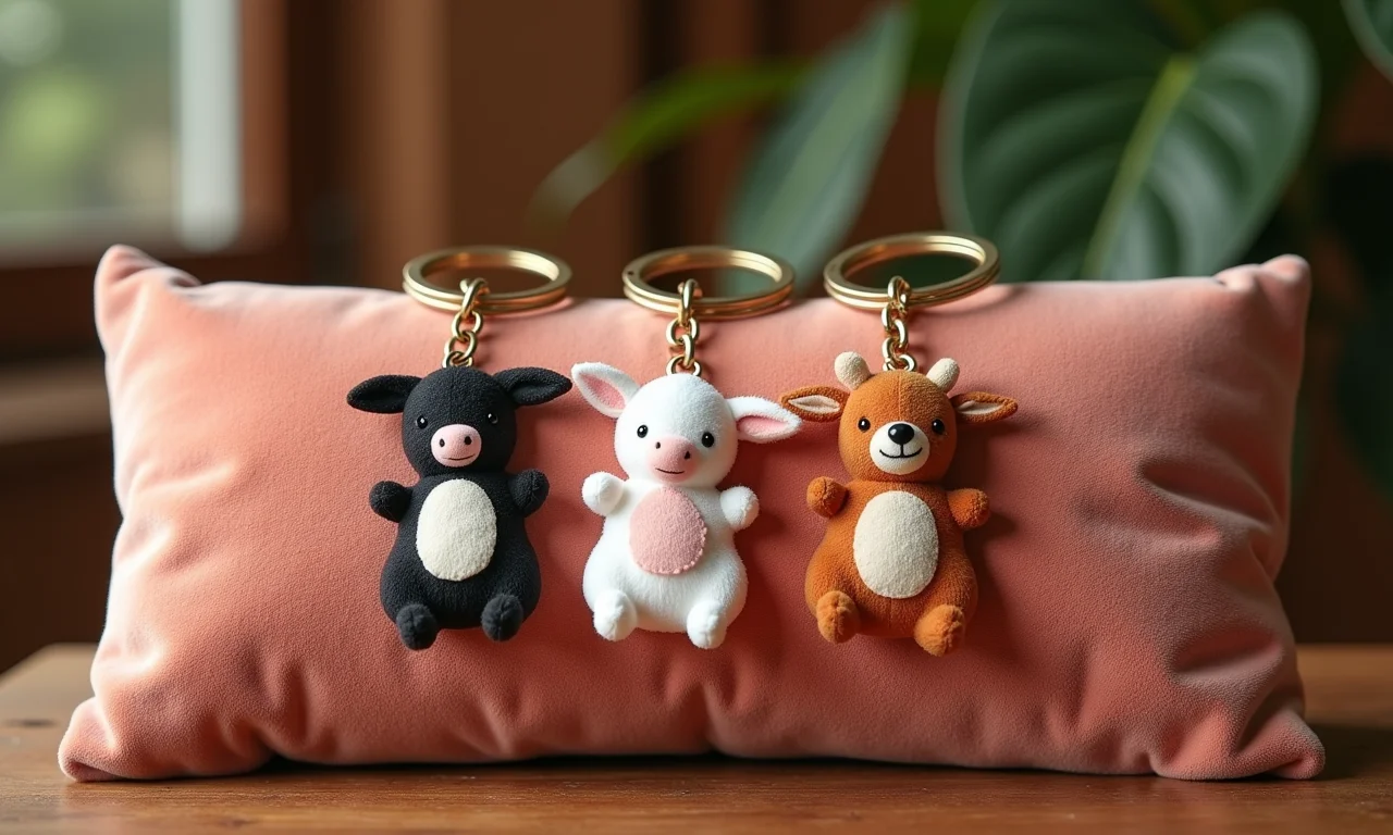 Chaveiros temáticos com motivos de bebê sobre almofada de veludo.