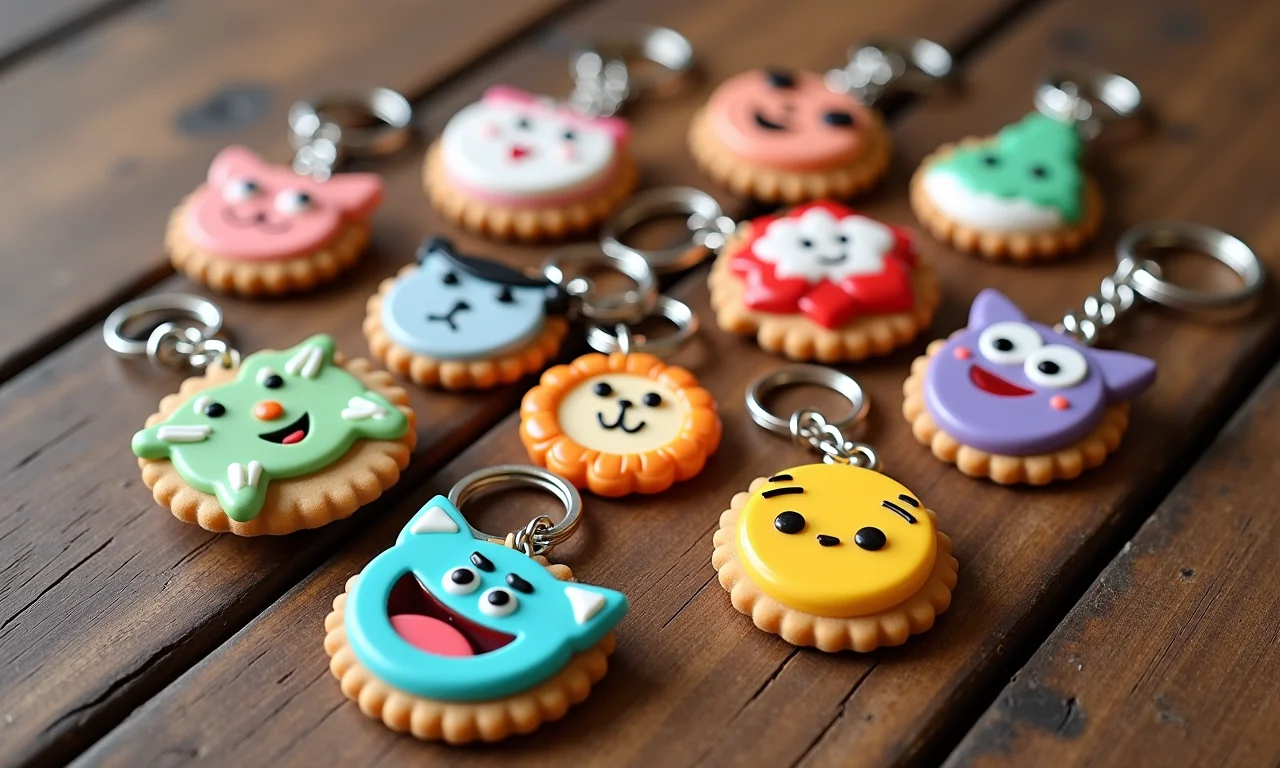 Chaveiros temáticos de biscuit para lembrancinhas de festa infantil.