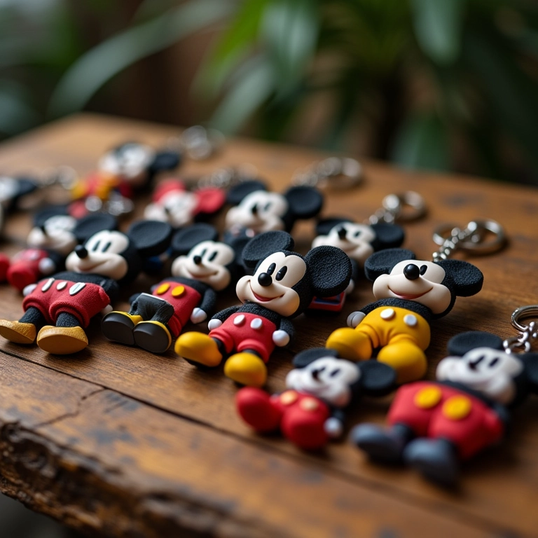 Chaveiros temáticos do Mickey Mouse em uma mesa de madeira.