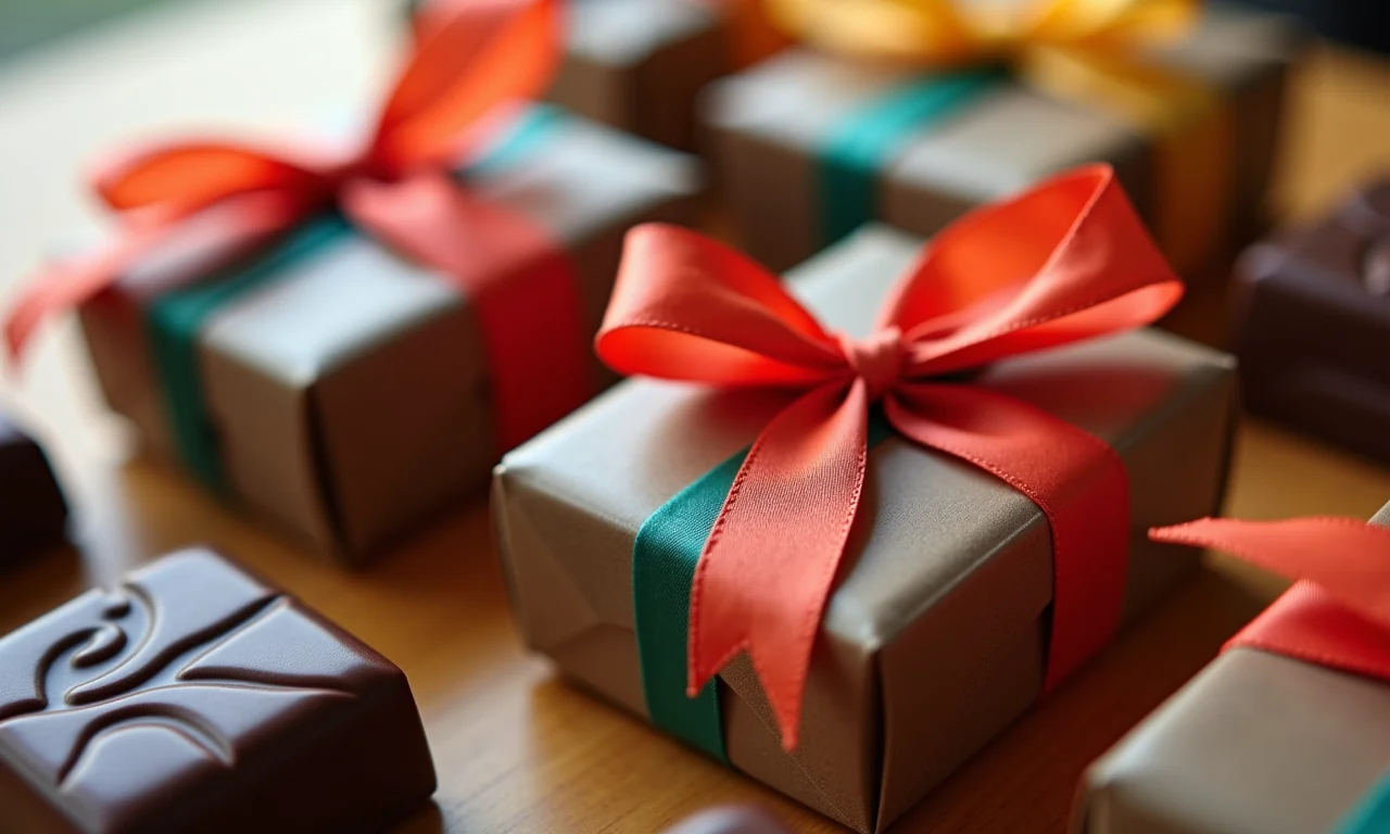 Chocolates artesanais embalados como lembrancinha de casamento.
