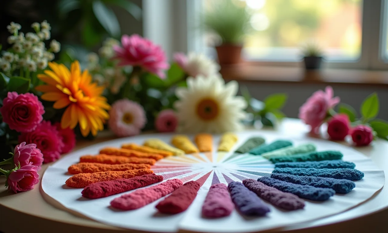 Círculo cromático e diversas flores sobre a mesa, tutorial.