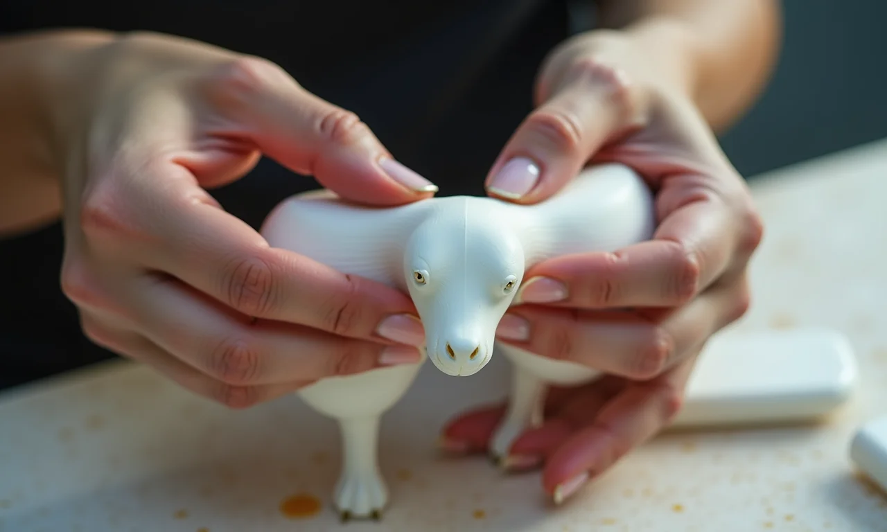Close-up das mãos de uma mulher trabalhando em um artesanato de EVA.