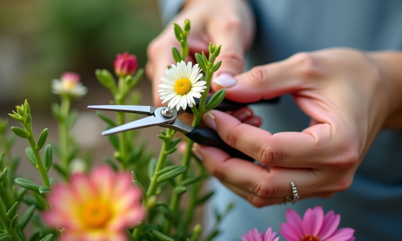 Close-up de mãos aparando hastes de flores, tutorial.