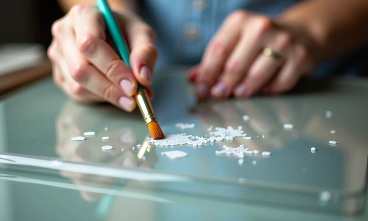 Close-up de mãos aplicando cola de decoupage em vidro com pincel.