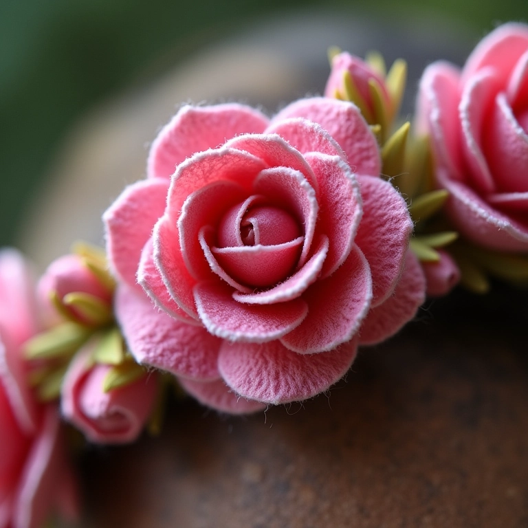 Close-up de tiara de flor de feltro com rosetas delicadas.