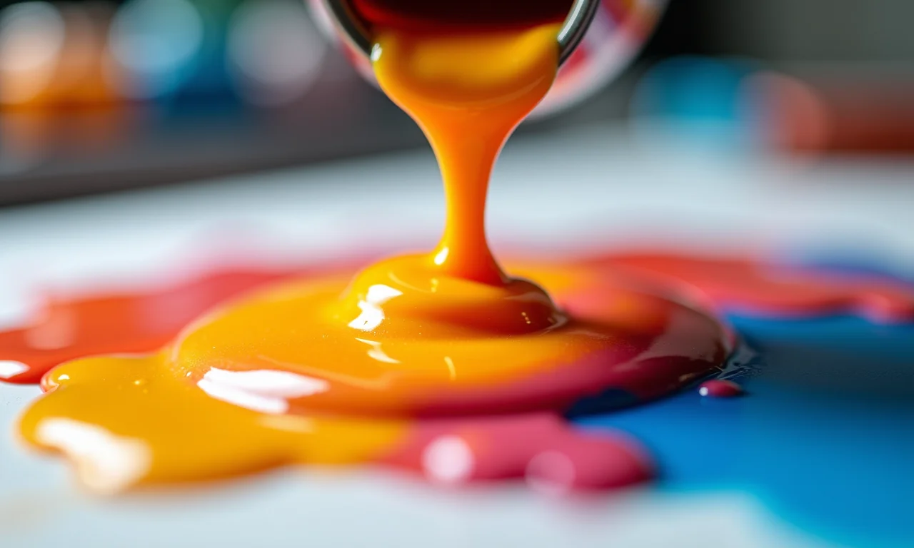 Close-up de tintas acrílicas fluidas sendo despejadas, criando uma mistura vibrante de cores.