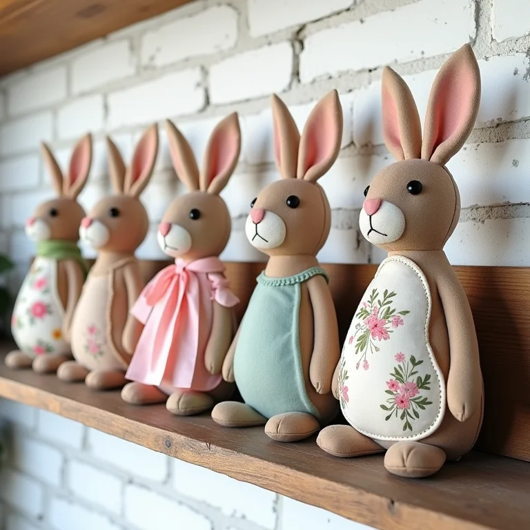 Coelhos de pelúcia artesanais decorando uma estante de madeira