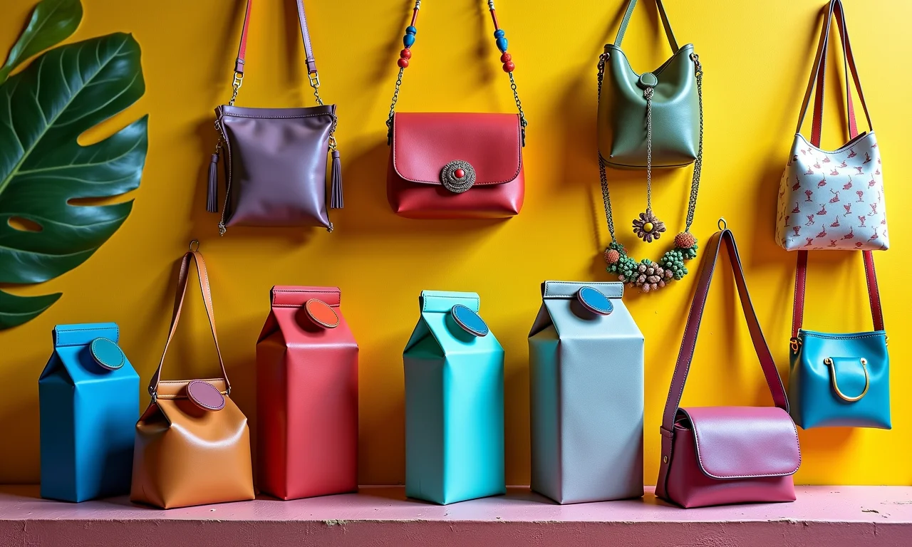 Colagem de designs de bolsas de caixa de leite em parede colorida.