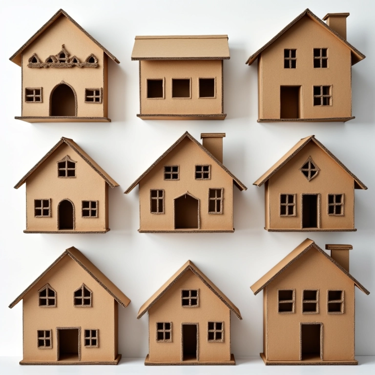 Colagem de várias casinhas de papelão com designs diferentes, fonte de inspiração.