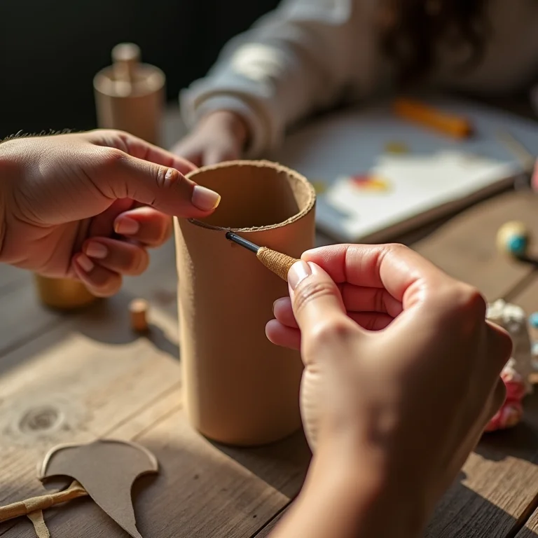 Colando rolinho de papel para artesanato
