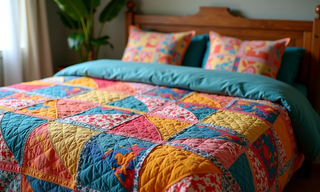 Colcha de retalhos colorida feita de tecidos reciclados.