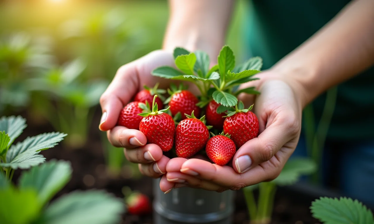 Colhendo morangos maduros da plantação em garrafa PET.