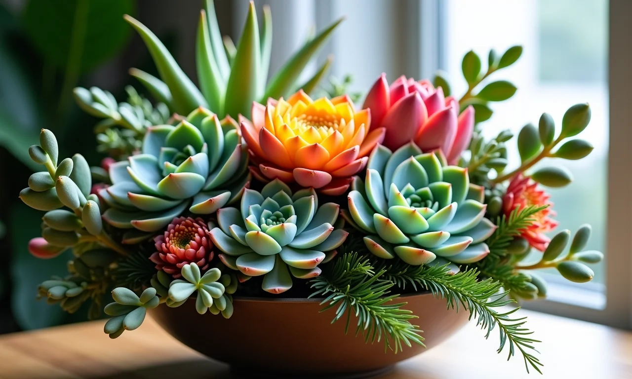 Combinação inusitada de flores: suculentas, proteas e eucalipto em arranjo moderno.
