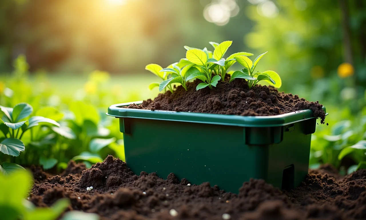 Composteira doméstica transformando lixo orgânico em adubo.