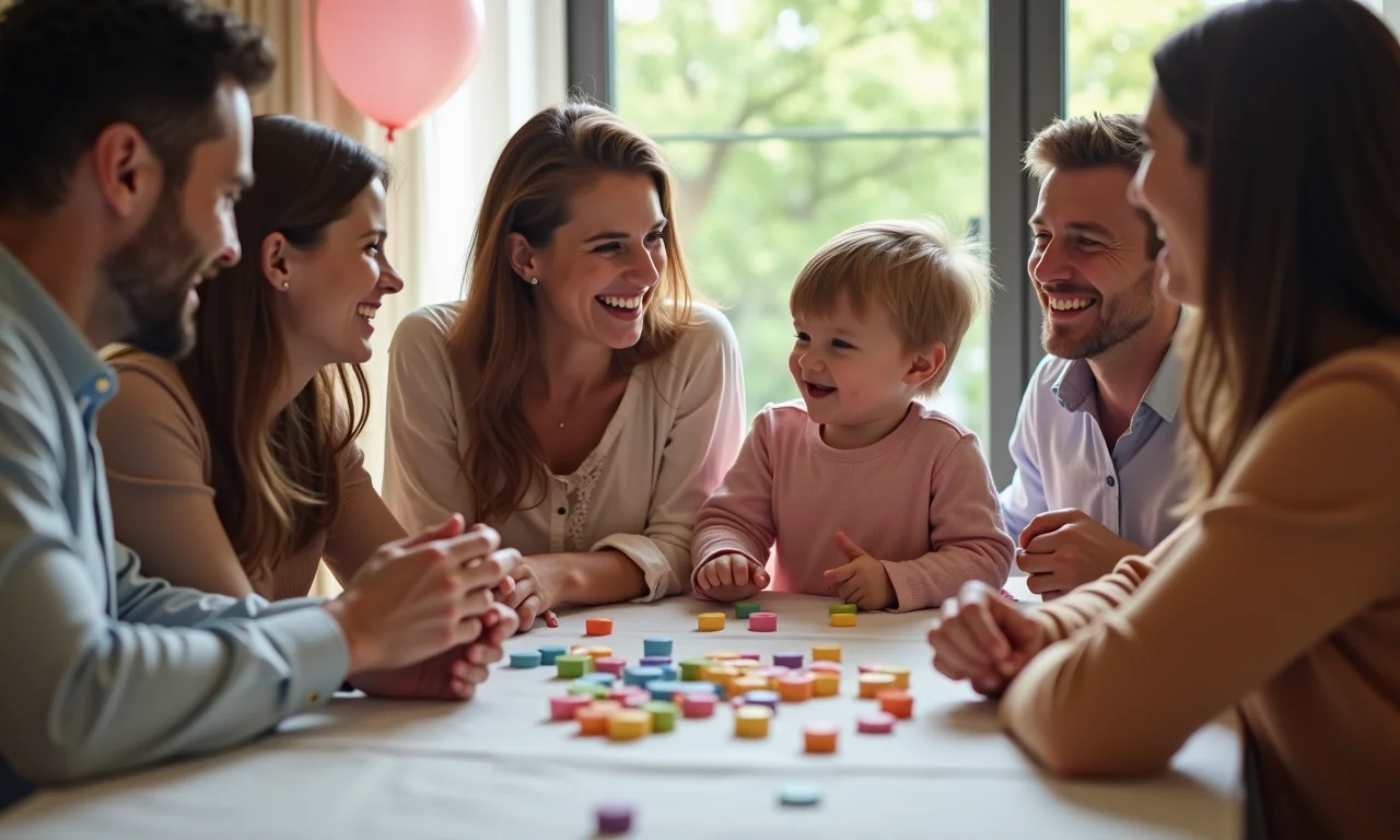 Convidados se divertindo com brincadeiras no chá de fraldas.