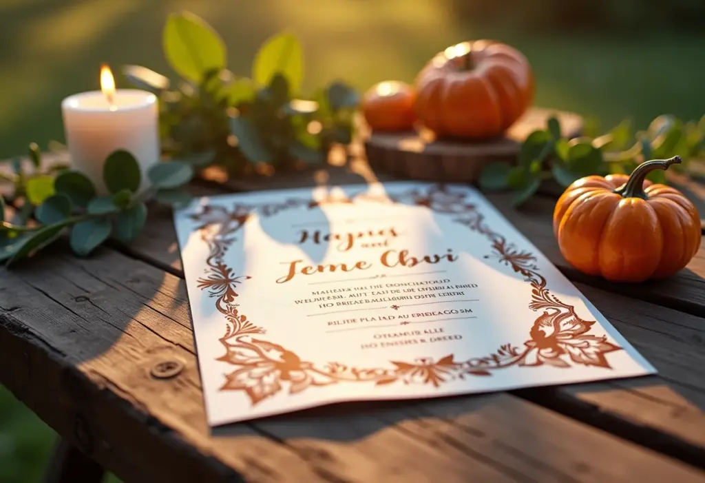 Convite de casamento rústico em mesa de madeira