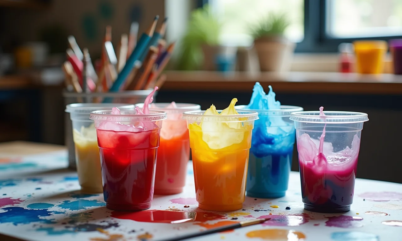 Copos descartáveis com tintas coloridas, materiais essenciais para a pintura fluida.